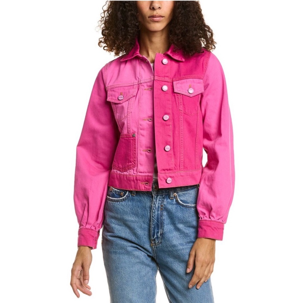 NWOT GANNI Two-Tone Colorblock Pink Denim Button Crop Trucker Cotton Jean Jacket